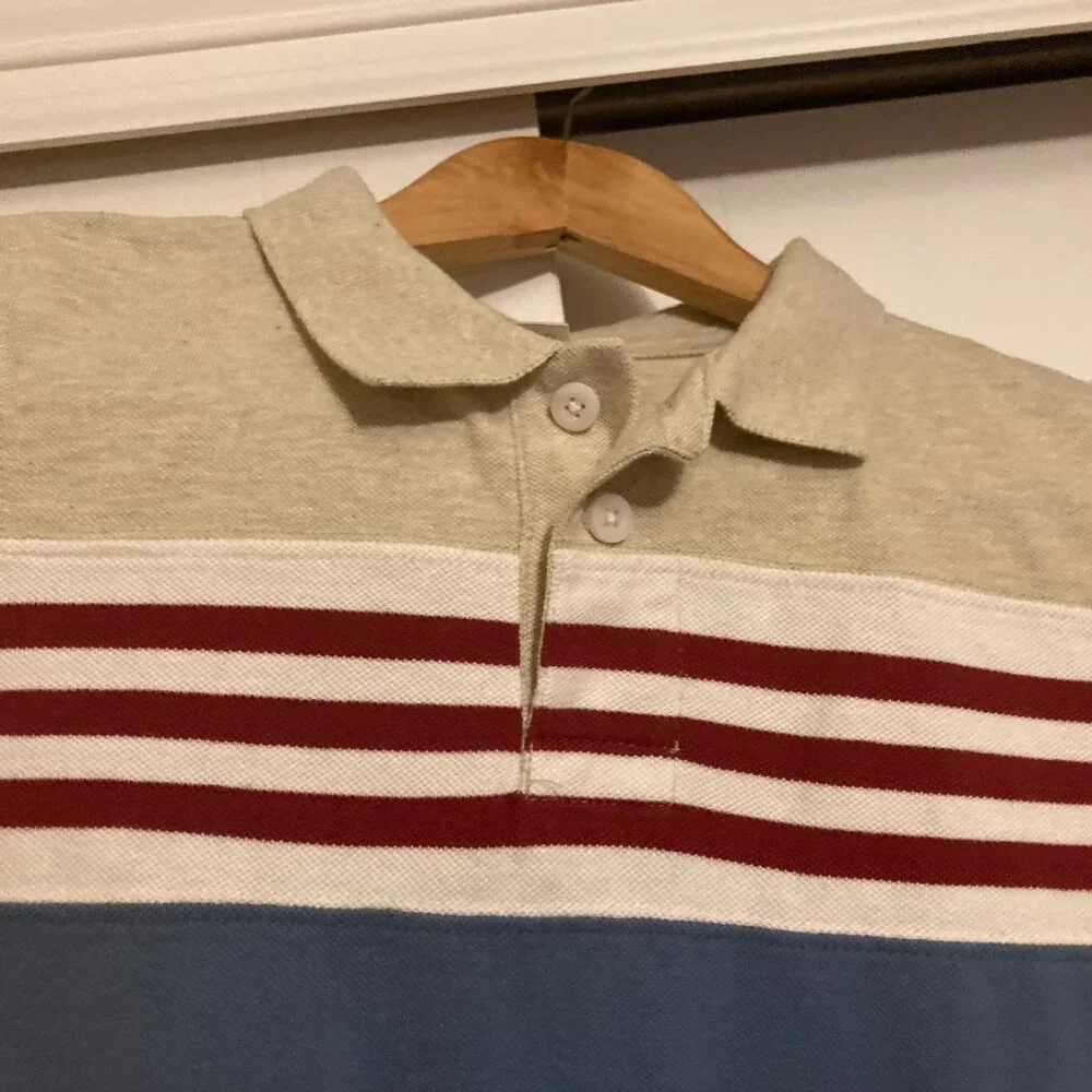 Gymboree Polo Style Collared Shirt 7 Tan with Blue Panel and Red White Stripes
